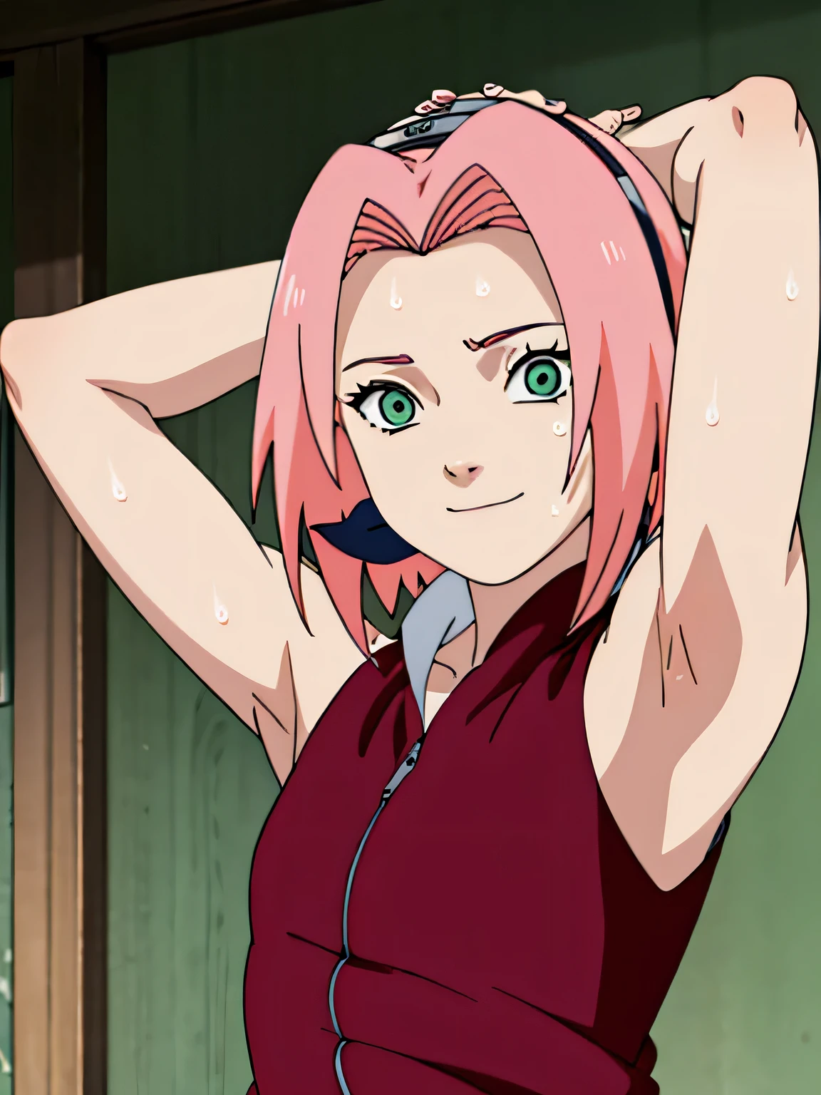 Anime girl with pink hair and green eyes in a red dress - SeaArt AI