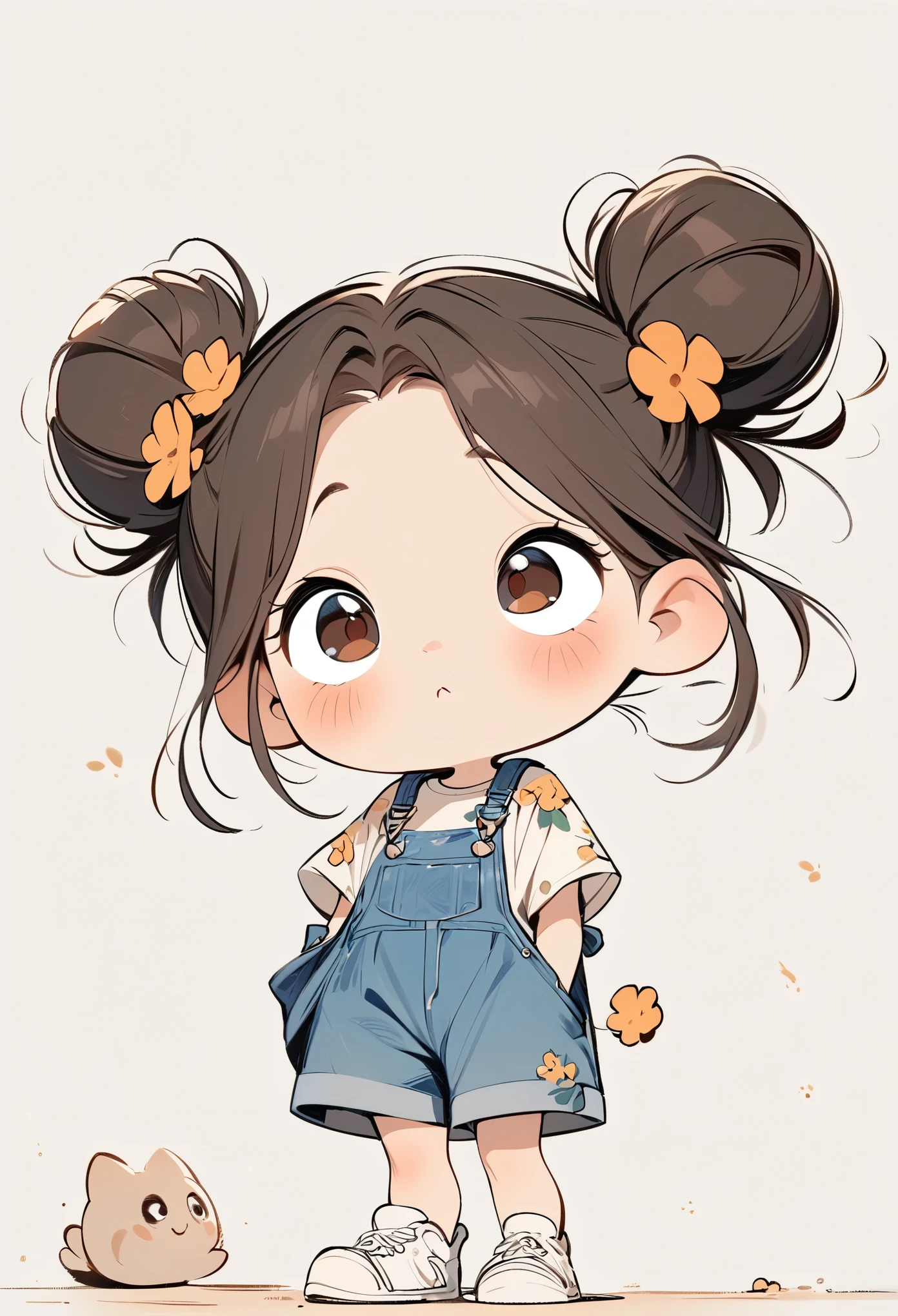 (masterpiece, best quality:1.2), cartoonish character design。1 girl, alone，big eyes，cute expression，Two hair buns，Loose floral shirt，Blue Denim Overalls，White sneakers，stand，interesting，interesting，clean lines