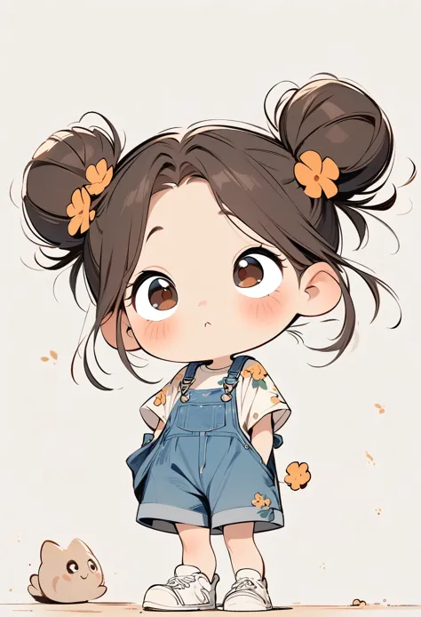 (masterpiece, best quality:1.2), cartoonish character design。1 girl, alone，big eyes，cute expression，Two hair buns，Loose floral shirt，Blue Denim Overalls，White sneakers，stand，interesting，interesting，clean lines