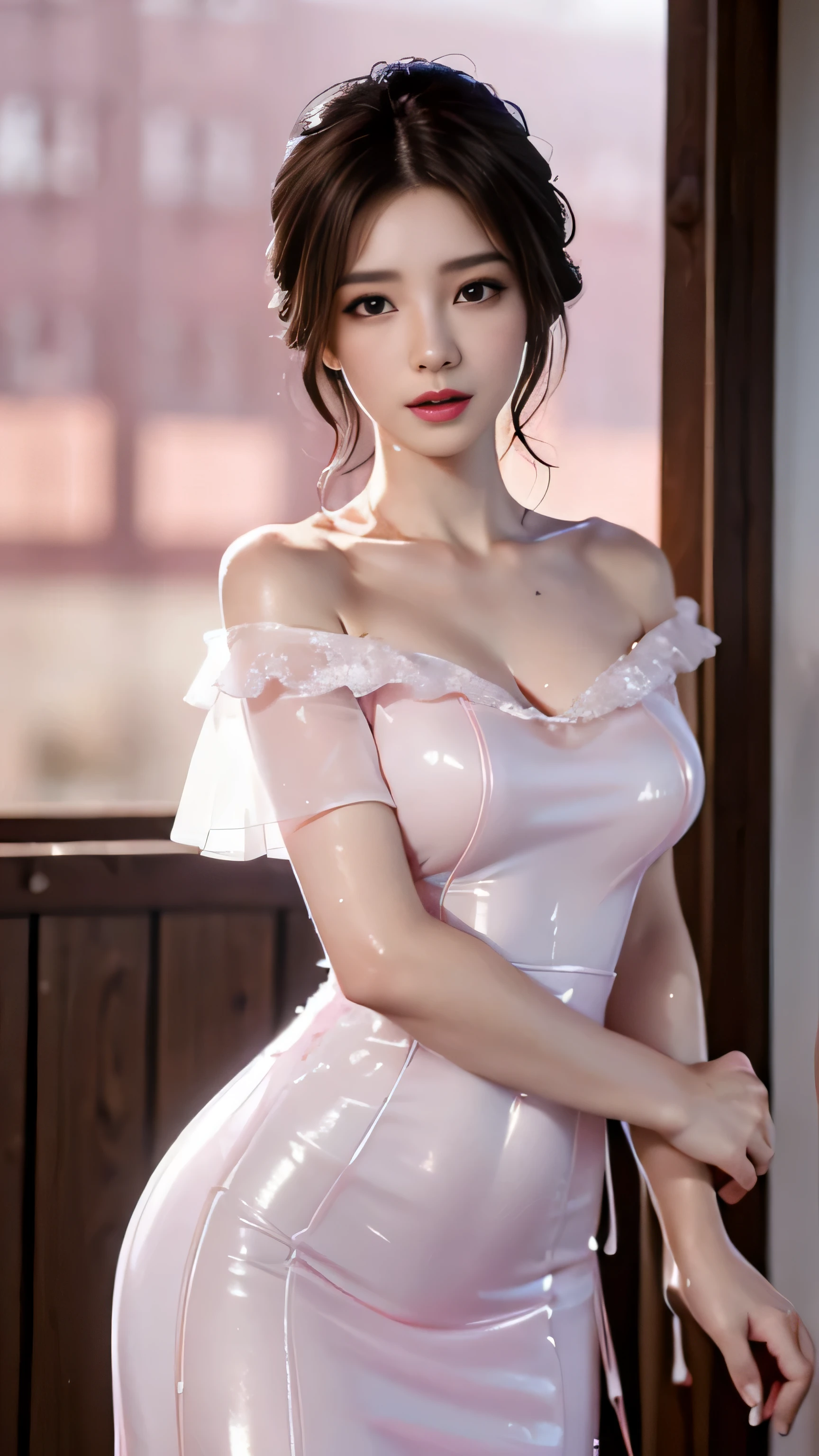 (highest quality、4k、masterpiece:1.3)、Beautiful woman、1 girl、Sexy:1.1、dark brown hair:1.1、highly detailed face、lip details、detailed eye、double eyelid、(The pink nipples are transparent）、(Translucent off-shoulder wet white dress)、(she is wet)