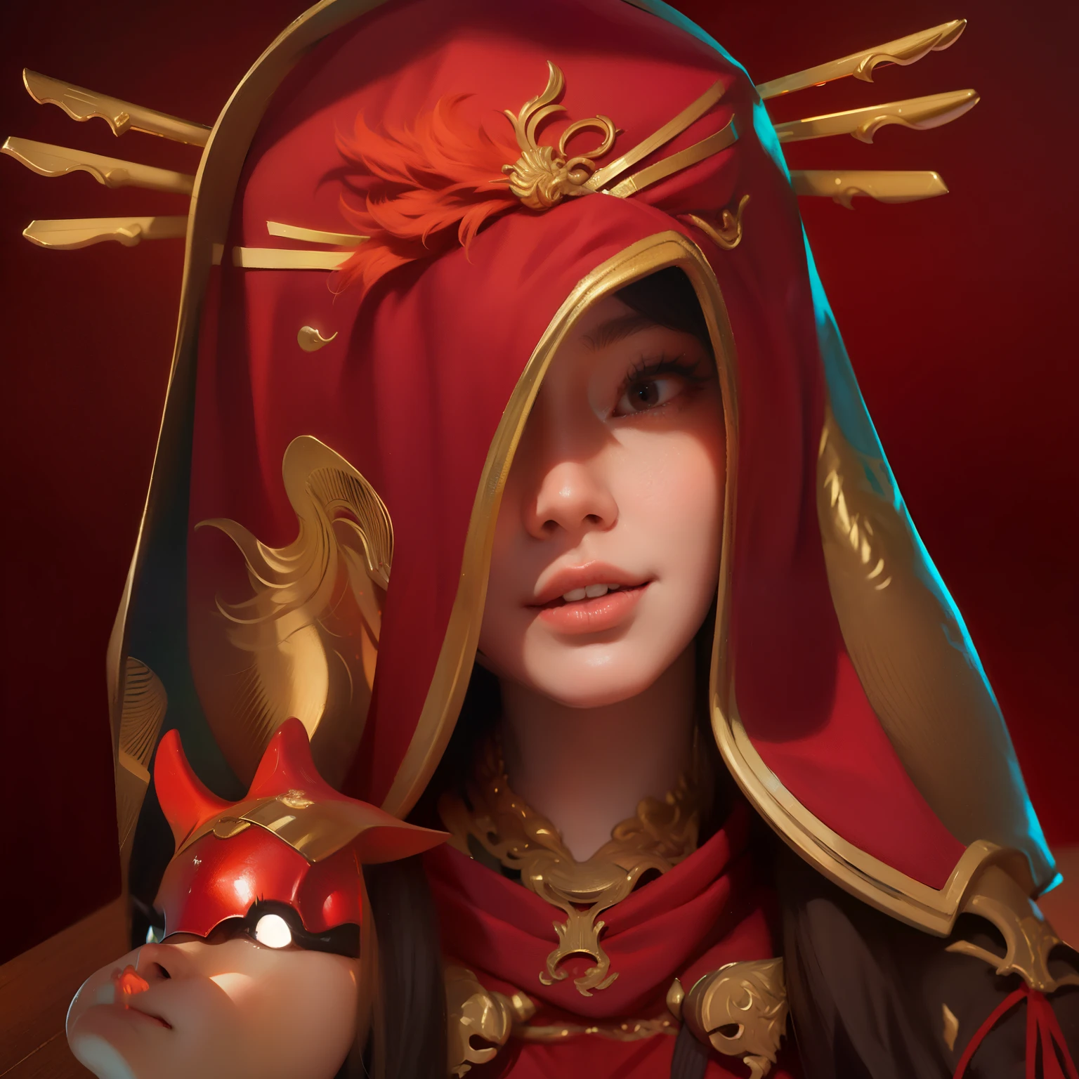 arafed woman in a red dress with a mask and a red mask, inspired by Ju Lian, inspired by Li Mei-shu, inspired by Lan Ying, portrait of a red sorcerer, digital fantasy art ), inspired by Wu Li, digital art fantasy art, inspired by Lü Ji, red adornments, inspired by Ai Xuan