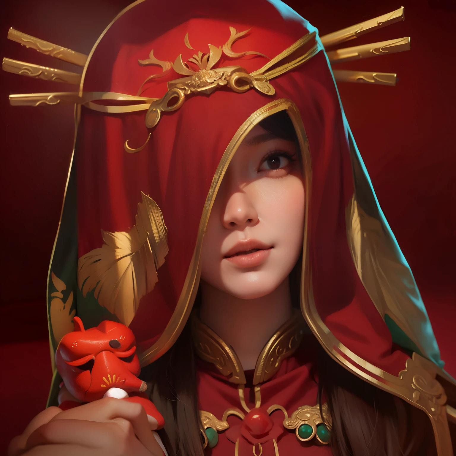 mujer arafed con un vestido rojo con una máscara y una máscara roja, inspirado en Ju Lian, inspirado en Li Mei Shu, inspirado en Lan Ying, Retrato de un hechicero rojo, Arte de fantasía digital ), Inspirado por Wu Li, arte digital arte de fantasía, inspirado en Lü Ji, adornos rojos, Inspirado por Ai Xuan