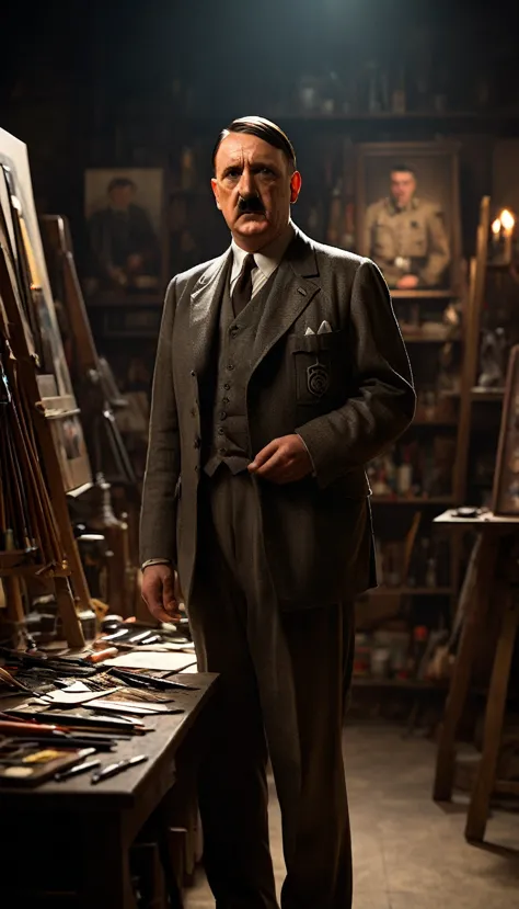 Show Adolf Hitler standing in front of an easel, surrounded by art supplies, Display rejection letters from the, background dark...