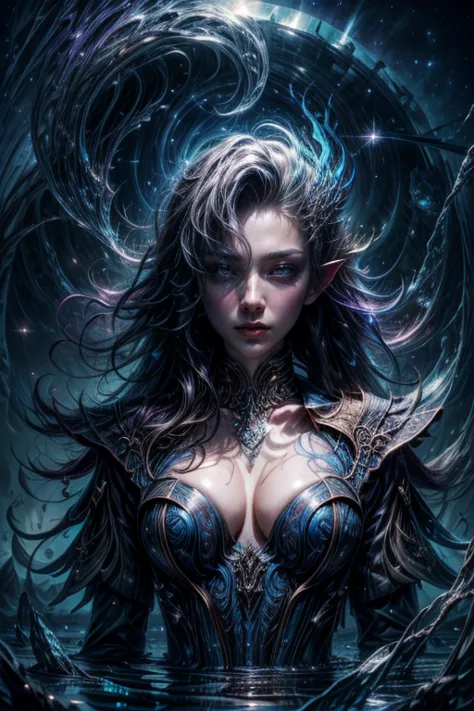 full length closeup portrait of complex detailed fractal aurora, forming a hyper-detailed ghostly vision of a beautiful succubus...