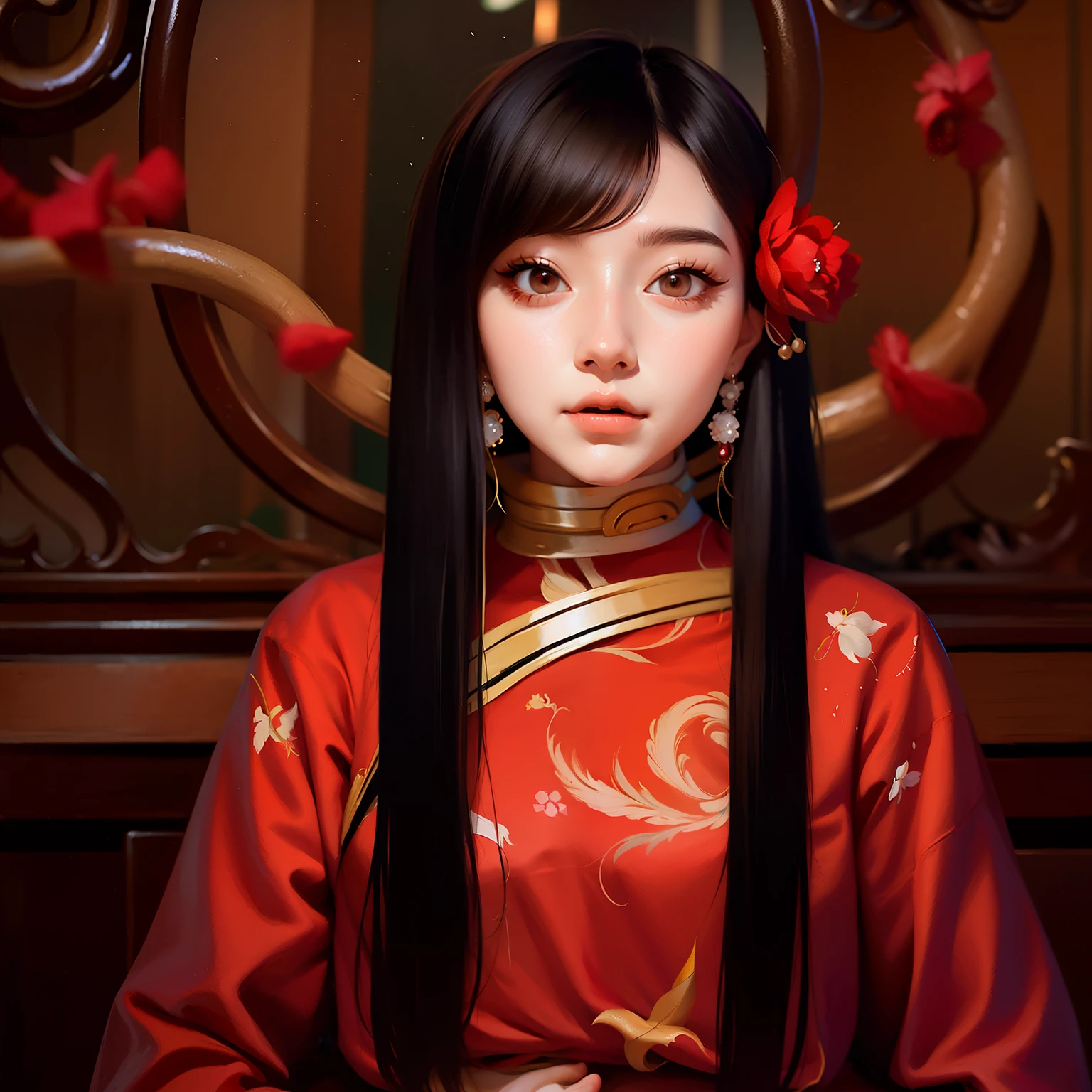there is a woman with long black hair wearing a red dress, artwork in the style of guweiz, jingna zhang, palace ， a girl in hanfu, beautiful character painting, beautiful digital artwork, a beautiful artwork illustration, guweiz, gorgeous digital painting, chinese girl, beautiful digital painting, inspired by Yun Du-seo, by Yu Zhiding