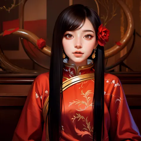 there is a woman with long black hair wearing a red dress, artwork in the style of guweiz, jingna zhang, palace ， a girl in hanf...