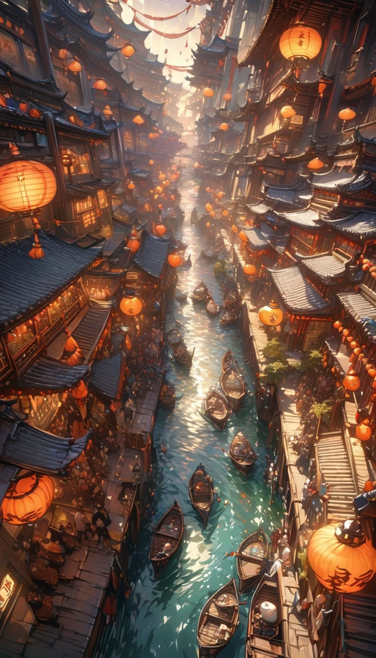 (masterpiece, best quality:1.2),Along the River During Qingming Festival，Horizontal layout, High resolution, best quality, Super detailed, Dynamic angle, floating, Bustling city landscape, intricate details, architecture, flowing river, bright colors, Volumetric lighting, Crowded boats and bridges, Rich cultural background.