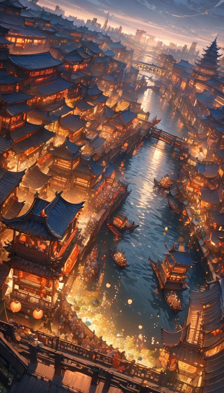 (masterpiece, best quality:1.2),Along the River During Qingming Festival，Horizontal layout, High resolution, best quality, Super detailed, Dynamic angle, floating, Bustling city landscape, intricate details, architecture, flowing river, bright colors, Volumetric lighting, Crowded boats and bridges, Rich cultural background.