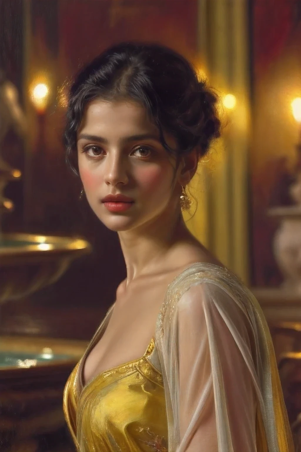 A renaissance full body portrait of middle aged Indian Woman Aditi at detailed beautiful exotic Royal Harem, beautiful small fountain in the back, vintge lamps, exotic place, ((wearing yellow thin sexy satin drape)), detailed skin, in vintage royal palace,((Perfectly drawn detailed bust)), ((sensual erotica)), (lusty expression), huge cleavages, (detailed beautiful face and eyes:1.3), ((perfectly drawn eyes)), (perfectly drawn fingers), ((Perfect anatomy)), in the style of renaissance painting, Hallo in the back, detailed outline of bust, Highly detailed, Intricate, Sharp focus, detailed art, art by artgerm and greg rutkowski, Raphael, Beautifully lit, oil painting aesthetic, Deep big cleavages, joseph ducreux, oil on canvas portrait, hyper realistic, oil portrait by agnes cecile, Perfectly drawn fingers, detailed revealing, Renaissance portrait, fine art, 4K UHD, revealing clothes, high contrasts, (Vintage Portrait)