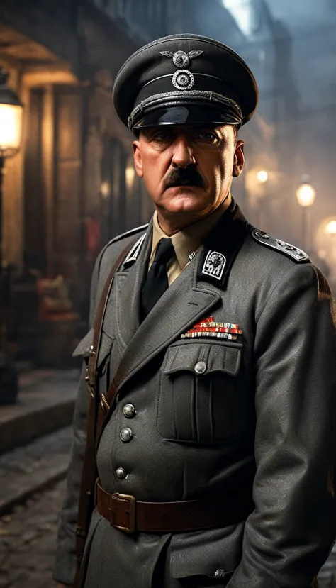 Adolf Hitler, Cara alemana, serious expression, pelo corto estilo militar, WWII German style gray military cap, German Style WWI...