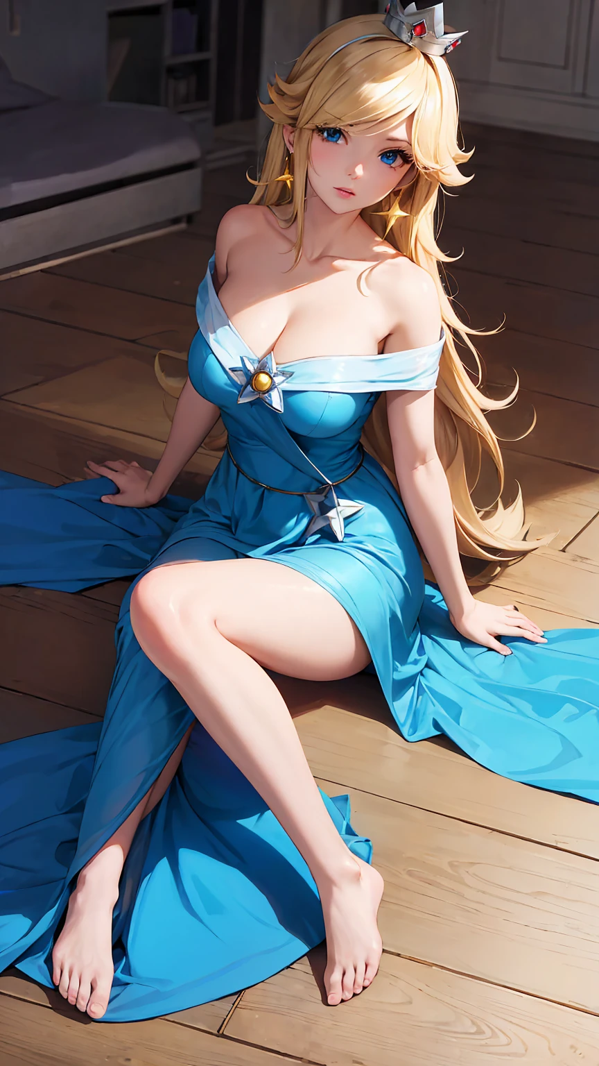 (masterpiece), best quality, expressive eyes, perfect face, highres, 1 girl, solo, rosalina, blonde hair, blue eyes, hair over one eye, long hair, blue dress, crown, dress, earrings, jewelry, princess, robe, bare shoulders, barefoot, star earrings, space, starry background, glowing particles, good illumination, sitting on floor, portrait, looking at the viewer