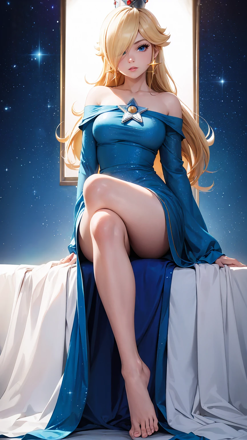 (masterpiece), best quality, expressive eyes, perfect face, highres, 1 girl, solo, rosalina, blonde hair, blue eyes, hair over one eye, long hair, blue dress, crown, dress, earrings, jewelry, princess, robe, bare shoulders, barefoot, star earrings, space, starry background, glowing particles, good illumination, sitting on floor, portrait, looking at the viewer