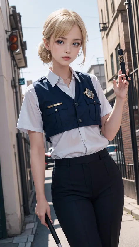 ((masterpiece)), ((highest quality)), ((High resolution)), 1 girl, alone, police officer, (matching pants, slacks), urban backgr...