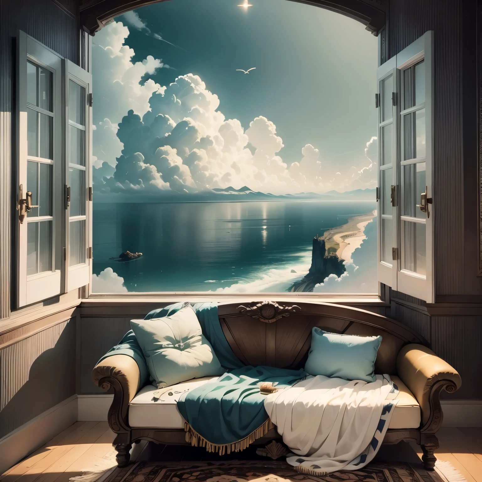 （masterpiece、Super exquisite、Super exquisite、High resolution）），（romantic、𝓡𝓸𝓶𝓪𝓷𝓽𝓲𝓬）,inside the room，Windows，A cloud drifted in from the window，There is sea outside