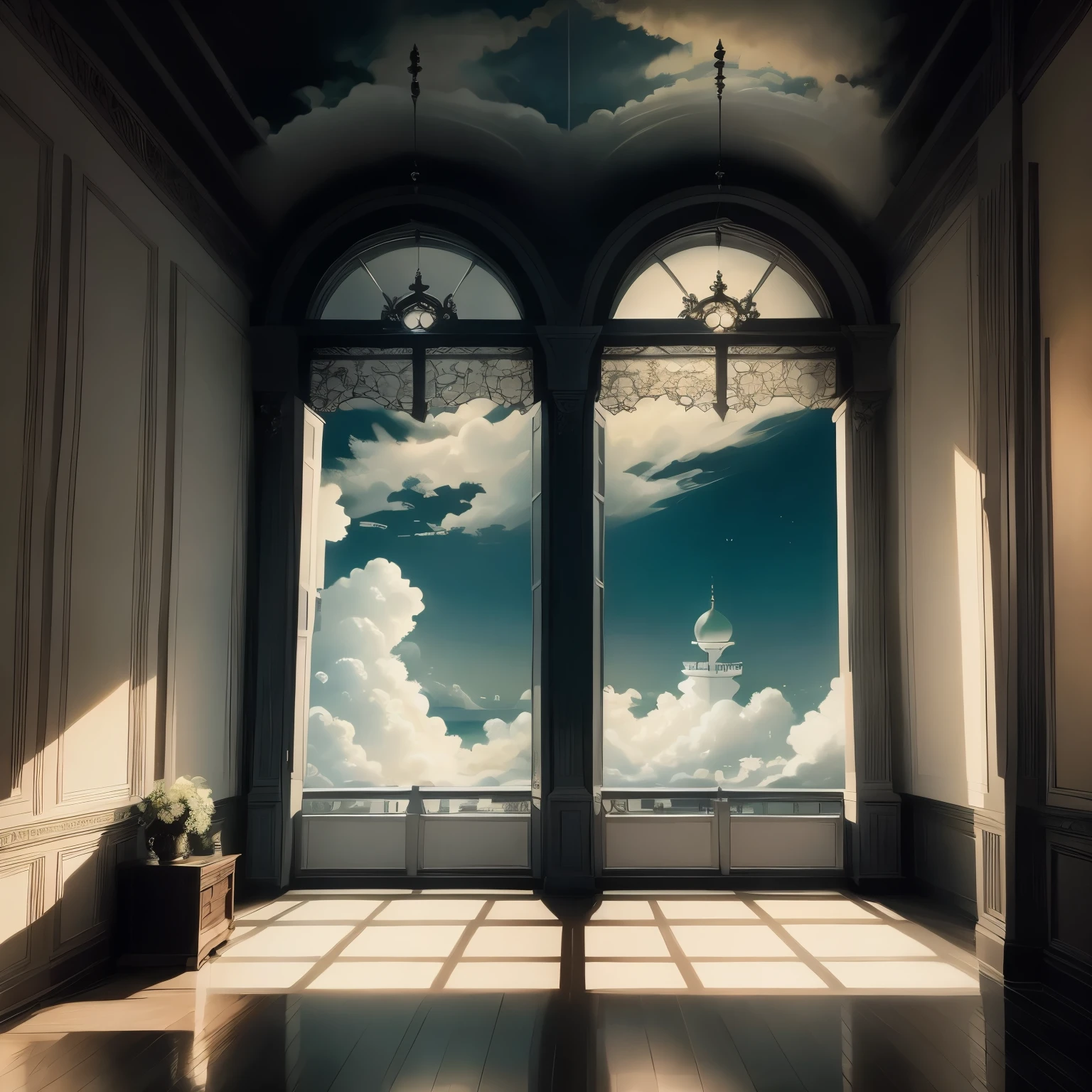 （masterpiece、Super exquisite、Super exquisite、High resolution）），（romantic、𝓡𝓸𝓶𝓪𝓷𝓽𝓲𝓬）,inside the room，Windows，A cloud drifted in from the window，There is sea outside