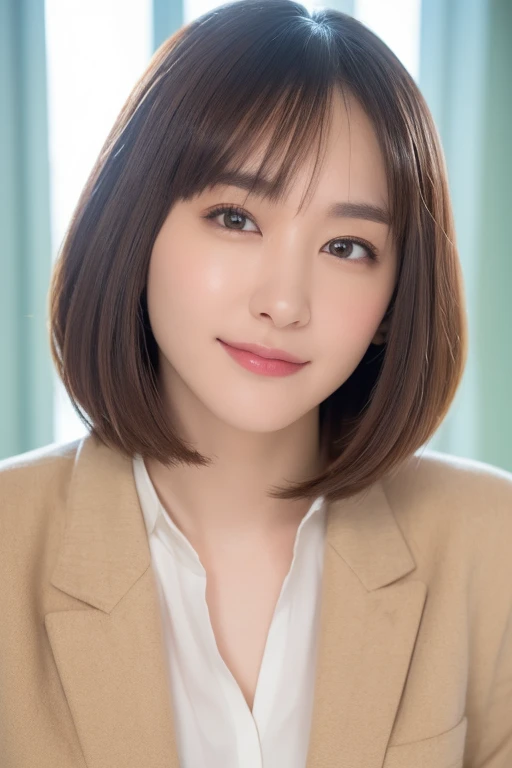 one girl, (a beauty girl, delicate girl:1.3), break, very fine eyes, (symmetrical eyes:1.3), brown eyes, bob cut, ,, smile, break, (eyes and faces with detailed:1.0), break, (masterpiece, best quality, ultra detailed, detailed face, 8k),,public hair, leaning forward,seductive pose,white shirt,skirt,Jacket,tie