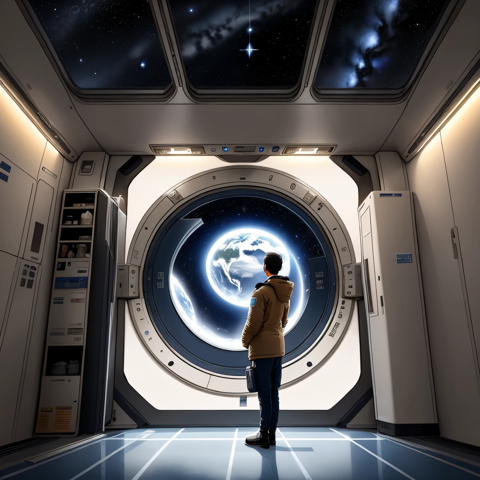 A man standing inside the space station looking out through the window, Outside is the starry sky and a planet that looks exactly like Earth., background space station, Background details