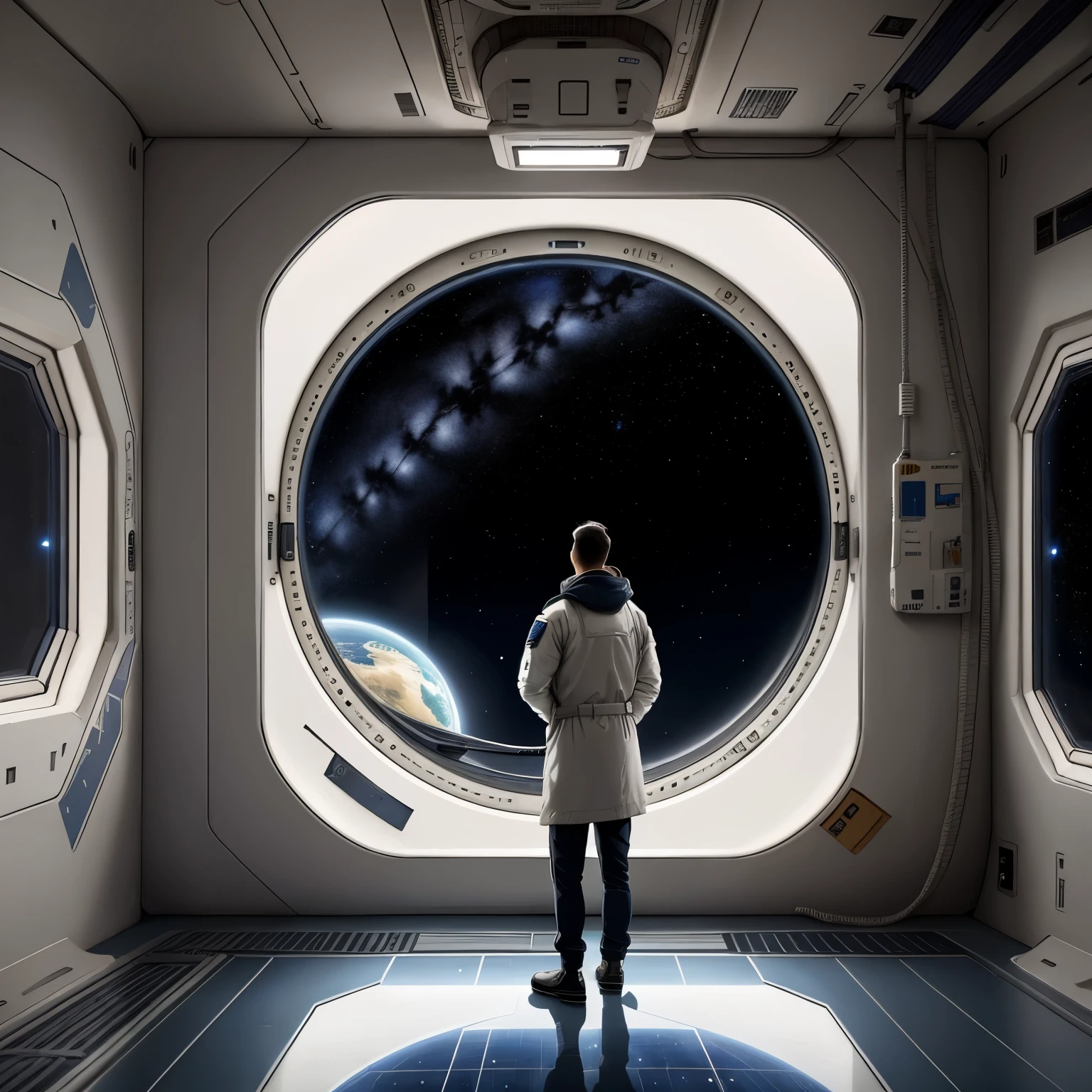 Un homme debout à l&#39;intérieur de la station spatiale regardant par la fenêtre, À l&#39;extérieur, il y a le ciel étoilé et une planète qui ressemble exactement à la Terre., station spatiale de fond, détails de fond