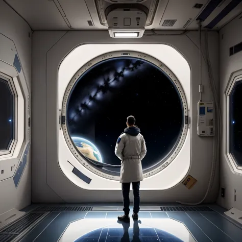 A man standing inside the space station looking out through the window, Outside is the starry sky and a planet that looks exactl...