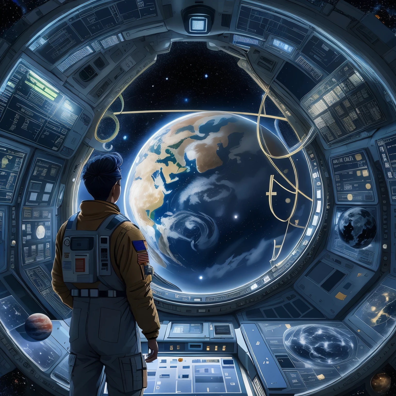 Un homme debout à l&#39;intérieur de la station spatiale regardant par la fenêtre, À l&#39;extérieur, il y a le ciel étoilé et une planète qui ressemble exactement à la Terre., station spatiale de fond, détails de fond