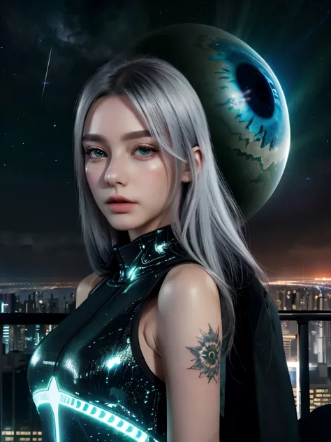 (8k), (highest quality), (best details)futuristic city at night、A giant cosmic eye floats in the night sky、silver hair、Green Eye...