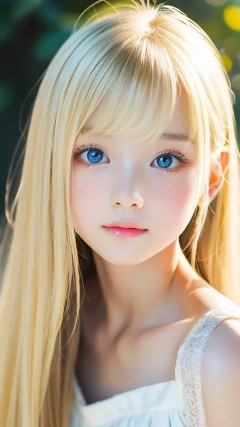 1 girl, The cutest girl、bright look、very messy blonde hair, Blond hair floating、Her bright, super long, straight blonde hair is dazzling with its golden shine.、very beautiful super long shiny blonde hair、very beautiful cute face、Sparkling Beautiful Skin、so...