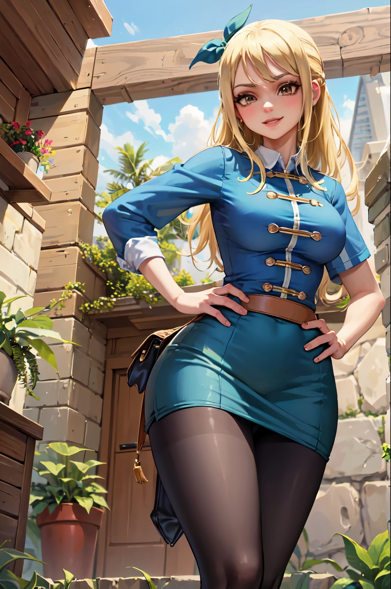 (work of art, best qualityer:1.2), standing alone, 1 girl, Lucy Heartfilia, ssmile, gazing at viewer, hands on hips, blue sleeveless, mini-skirt, thigh boots