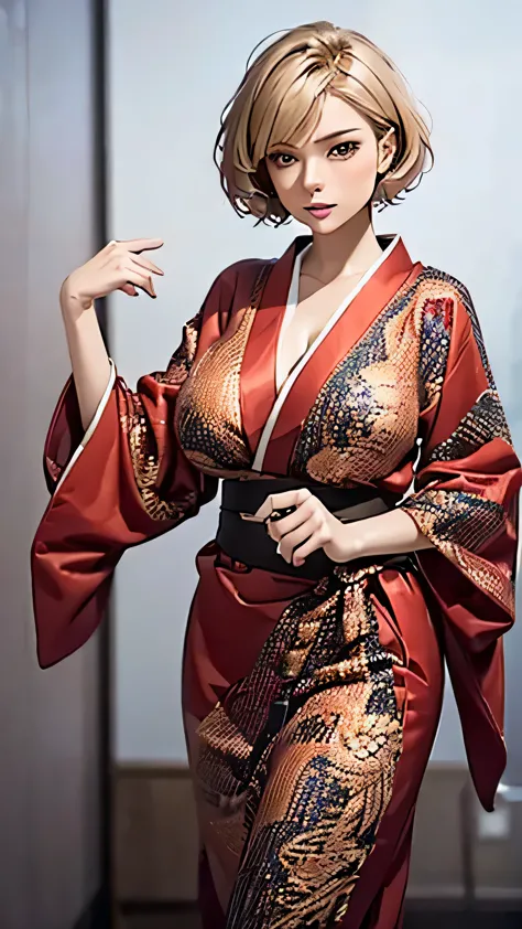 (highest quality,16k,masterpiece),Super detailed,mature woman,
blonde,straight hair,short hair,
Dressed in elaborate kimono,Deta...