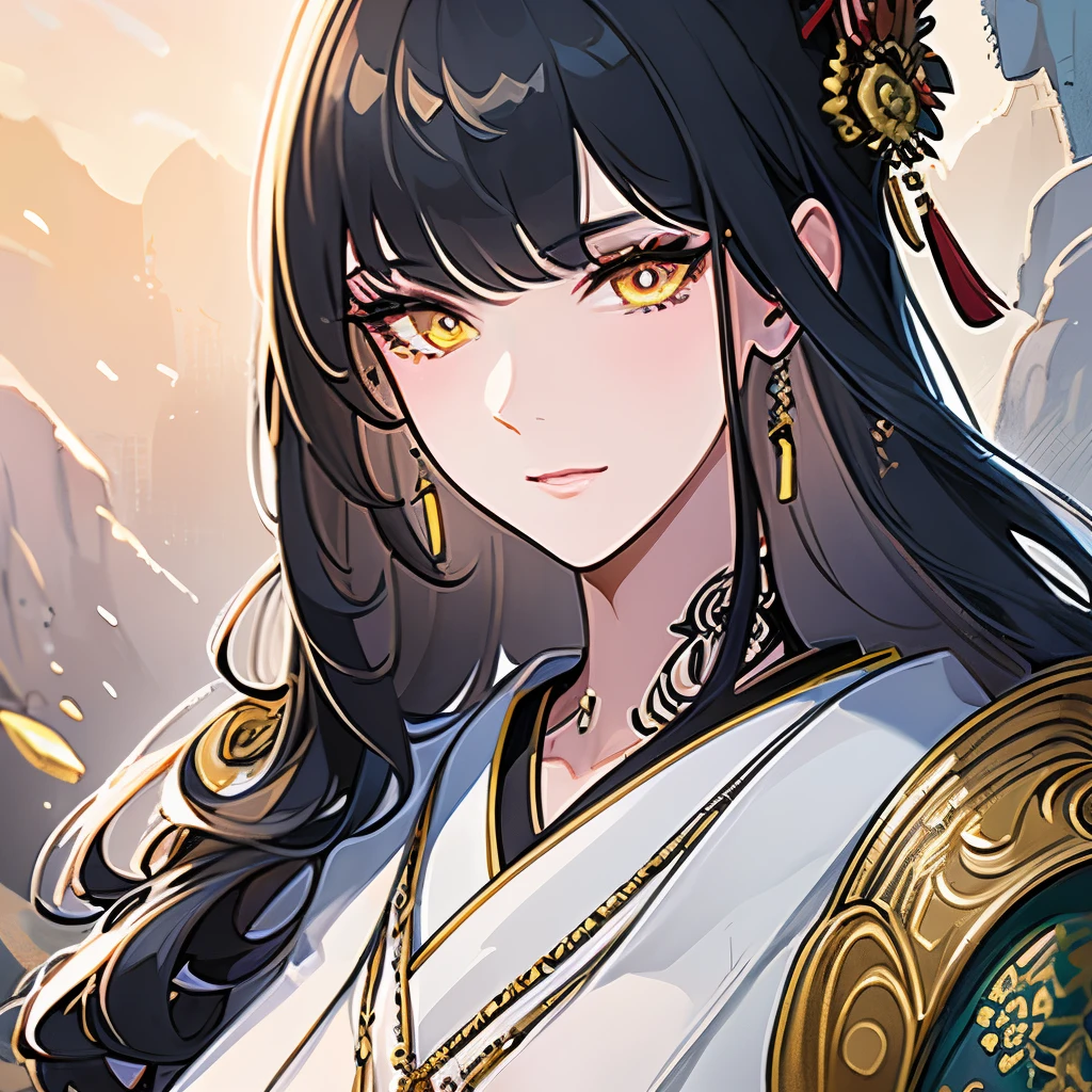 (Best quality details:1.22), 4K High definition, Ultra Detailed, high quality texture, intricate details, detailed texture,f inely detailed, high detail, high quality shadow, detailed beautiful delicate face, detailed beautiful delicate eyes, depth of field, human, middle-aged woman, solo, short himecut, traditional japanese clothes, yellow eyes, black hair, samurai detailed art
