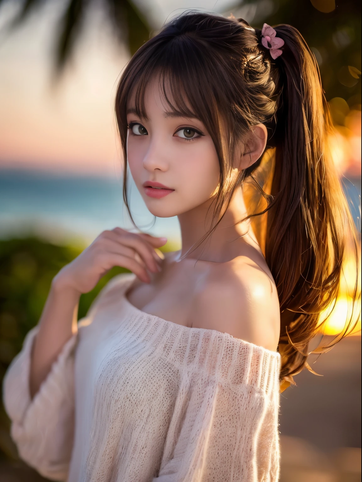 masterpiece、((1 girl))、(twin tails,Brunette hair)、(Amazing detailed face and eyes,pink eyes,clear eyes)、((amazingly beautiful girl))、艶のあるBrunette hair、off shoulder、((highest quality)), (Super detailed), (very detailed8k 生写真:1.5)、(very detailed,High resolution raw color photos,professional photography,(((Bokeh))),Depth of the bounds written)、beach、(twilight,sunset)、(Shrug your shoulders,Look at the viewer with a dazed expression)、