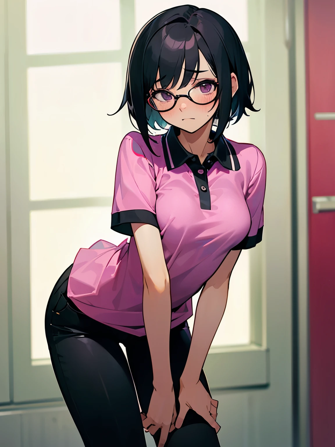 short hair, pubic hair, nice breasts, embarrassed, shy, worried, black hair, short sleeves, arms, in the hospital, no panties, magenta polo shirt, no bra, naked, no shoes, glasses, black pants, bending over