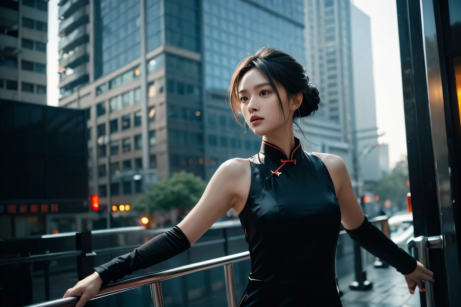 tech noir, calm cyberpunk style, outdoor, Girl chasing a target, half updo, black silk sleeveless cheongsam, masterpiece, best quality, 8k, editorial photograph, felix englund style, SIGMA 50mm F1.4, high contrast