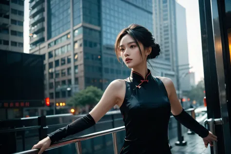 tech noir, calm cyberpunk style, outdoor, Girl chasing a target, half updo, black silk sleeveless cheongsam, masterpiece, best q...