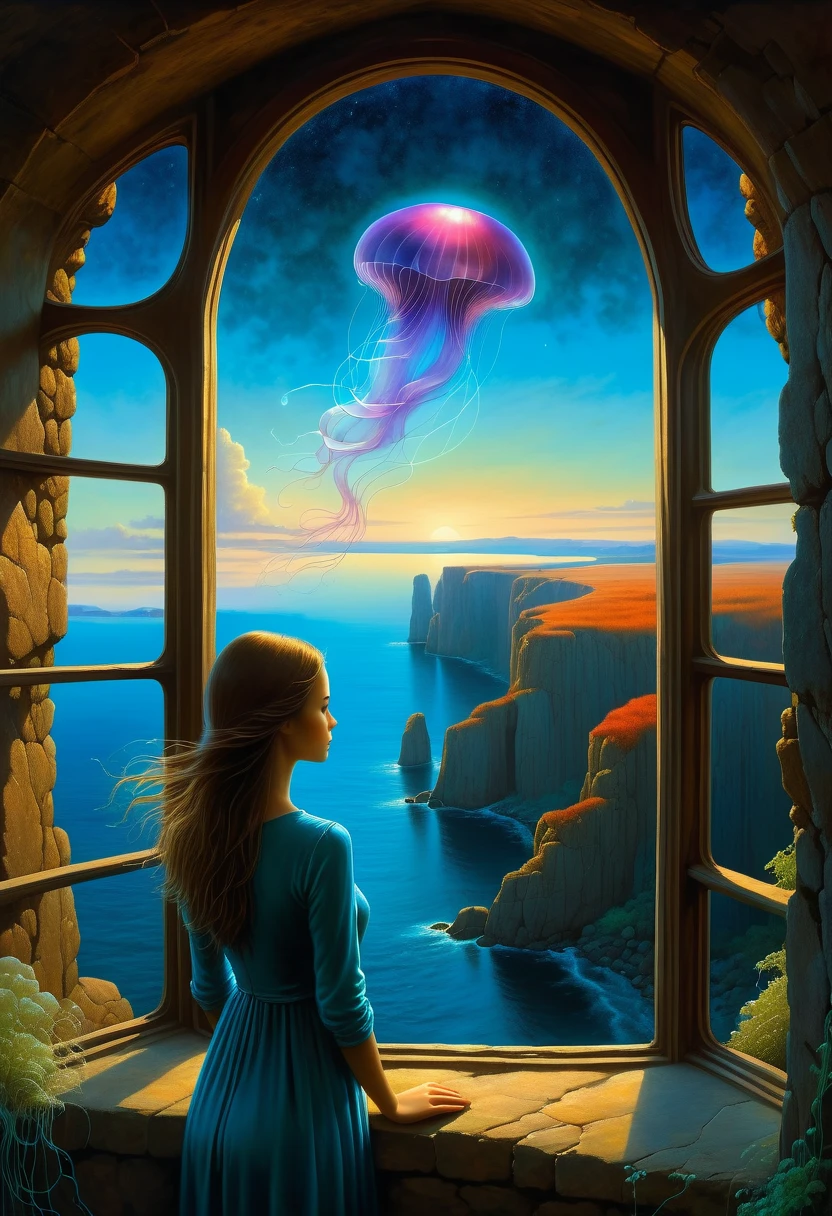 beautiful dark room，There is a big window, The scenery outside the window，Looking out from the window，Girl looking into the distance at the window，The Faceless Stone Woman on the Bridge，Handheld Light，Background with jellyfish, With the sky as a background, Brome&#39;s Art, Magic  artwork, super fine, Fantasy Art Surrealism Beksinski