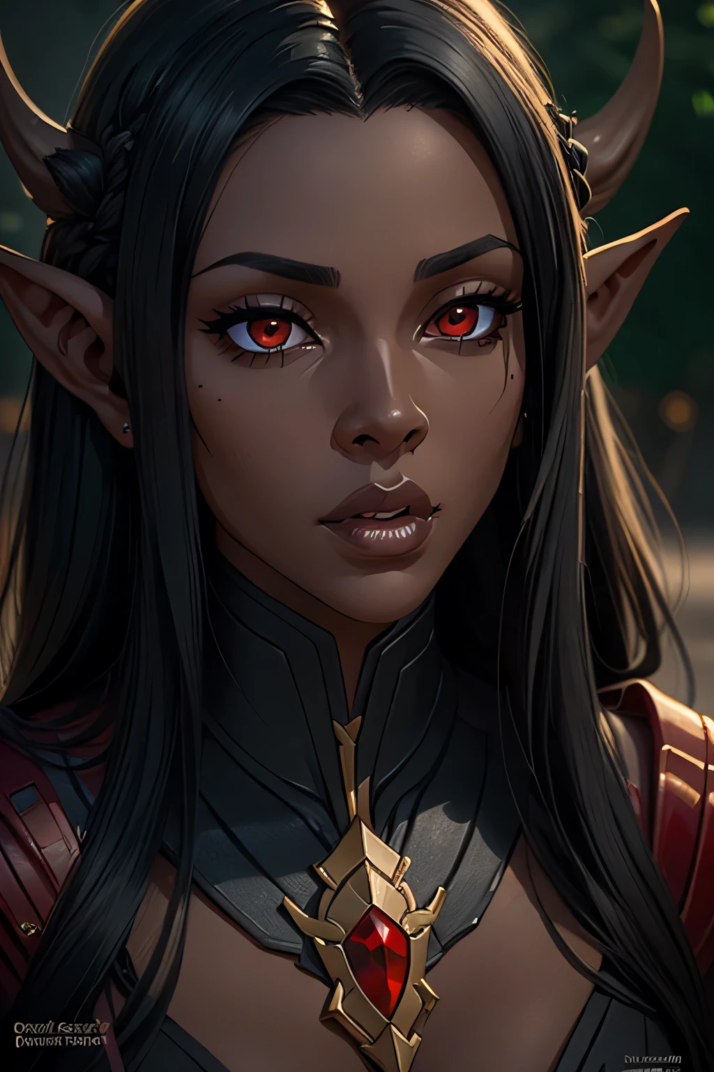 1woman, 30 years old, A beautiful athletic dark elf, fit body, elven ears, dark skin, Grey skin, Red eyes: 1.4,  cinematic lighting, fantasy theme, highly detailed, incredibly long black hair, best quality, ((masterpiece)), ((8k)), seductive, Close Up, Portrait,  face Close Up, Kissing the viewer