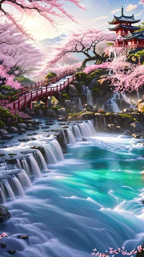 River cartoon scene with bridge and waterfall, Cherry Blossom Season Dynamic Lighting, flowing cherry blossom silk, Flowing cher...