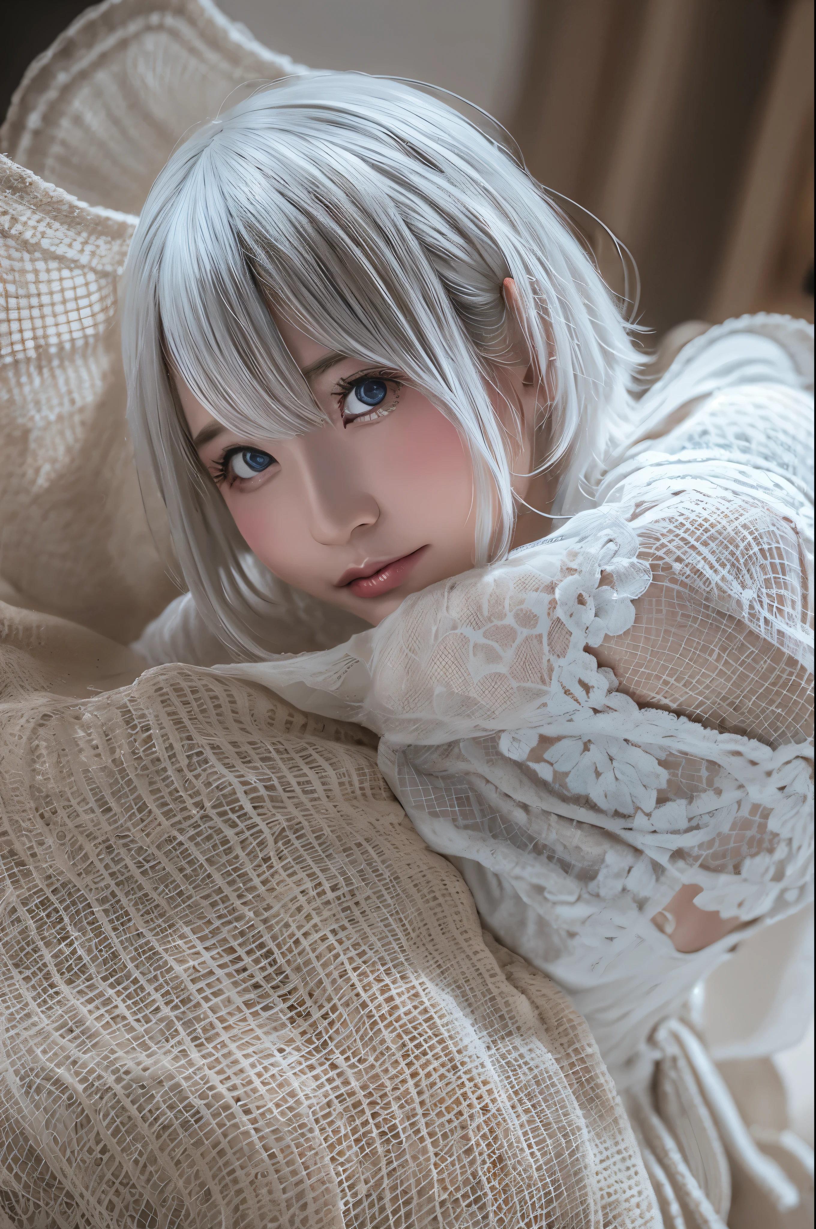 ((high quality)),table top,(Detailed depiction of local details:1.2),1 Japanese girl,(plump breasts:1.3),Enchanted Valley,closed mouth,eyelash,looking at the viewer,portrait,alone,Upper body,gray hair,white theme,short hair,silver hair,Yoruhano. 2 Type B,