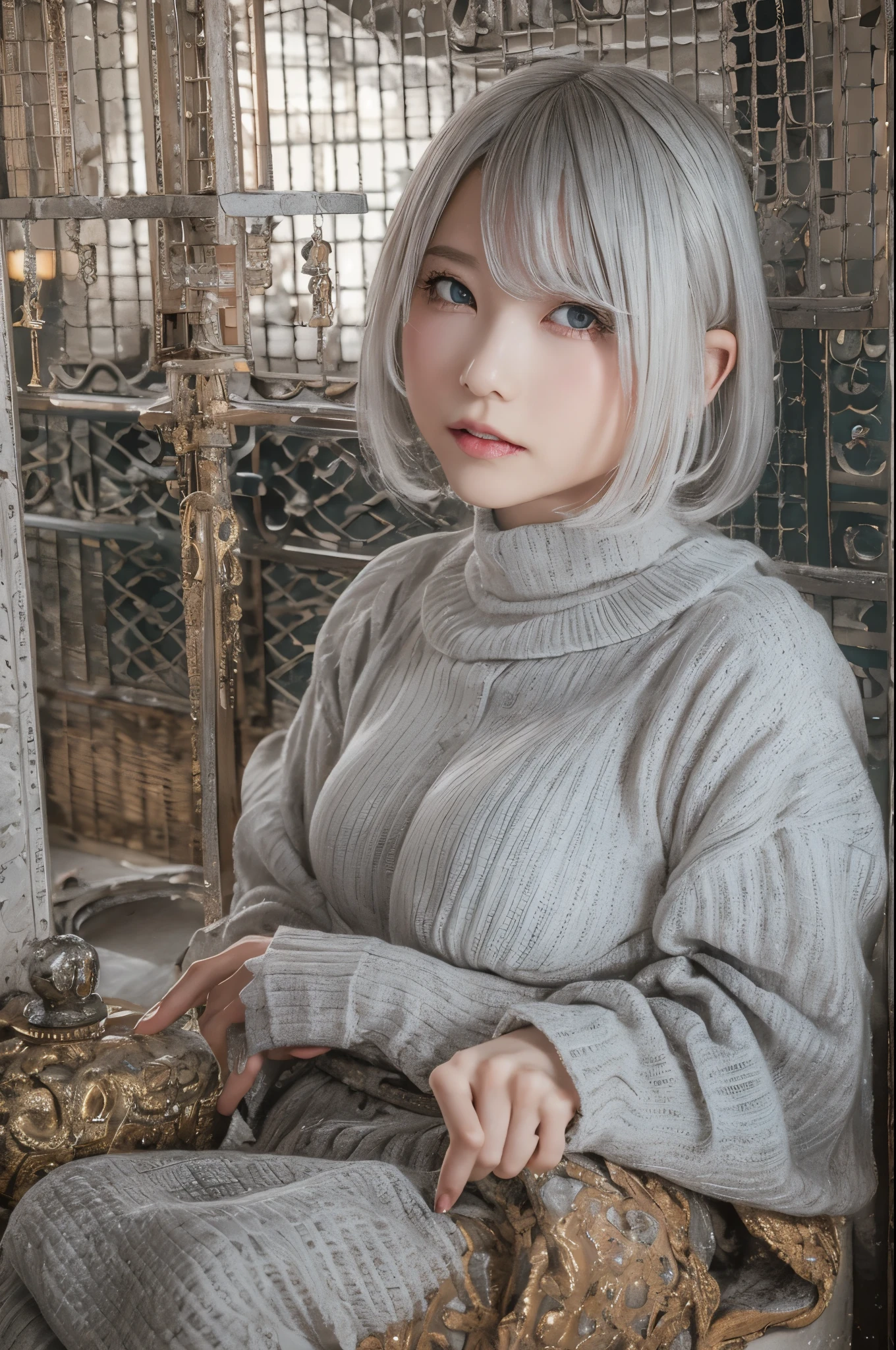 ((high quality)),table top,(Detailed depiction of local details:1.2),1 Japanese girl,(plump breasts:1.3),Enchanted Valley,closed mouth,eyelash,looking at the viewer,portrait,alone,Upper body,gray hair,white theme,short hair,silver hair,Yoruhano. 2 Type B,