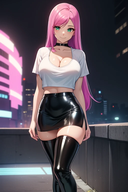 1 girl, 19 years old, Long pink hair, green eyes with slit pupils, master-piece, best quality, (standing up), (tight white shirt), (tight white v-neck crop t-shirt, black leather pencil mini skirt, patent leather high heel boots, cleavage),  (Big , ultra gigantic , Super super big, Glamorous body), Make eye contact with the camera, front figure, looking forward, (light_Smile:1.5), (Detailed hands and fingers:1.2) (Cyberpunk City), (FULL BODYSHOT), thighs thighs thighs thighs、beauty legs、