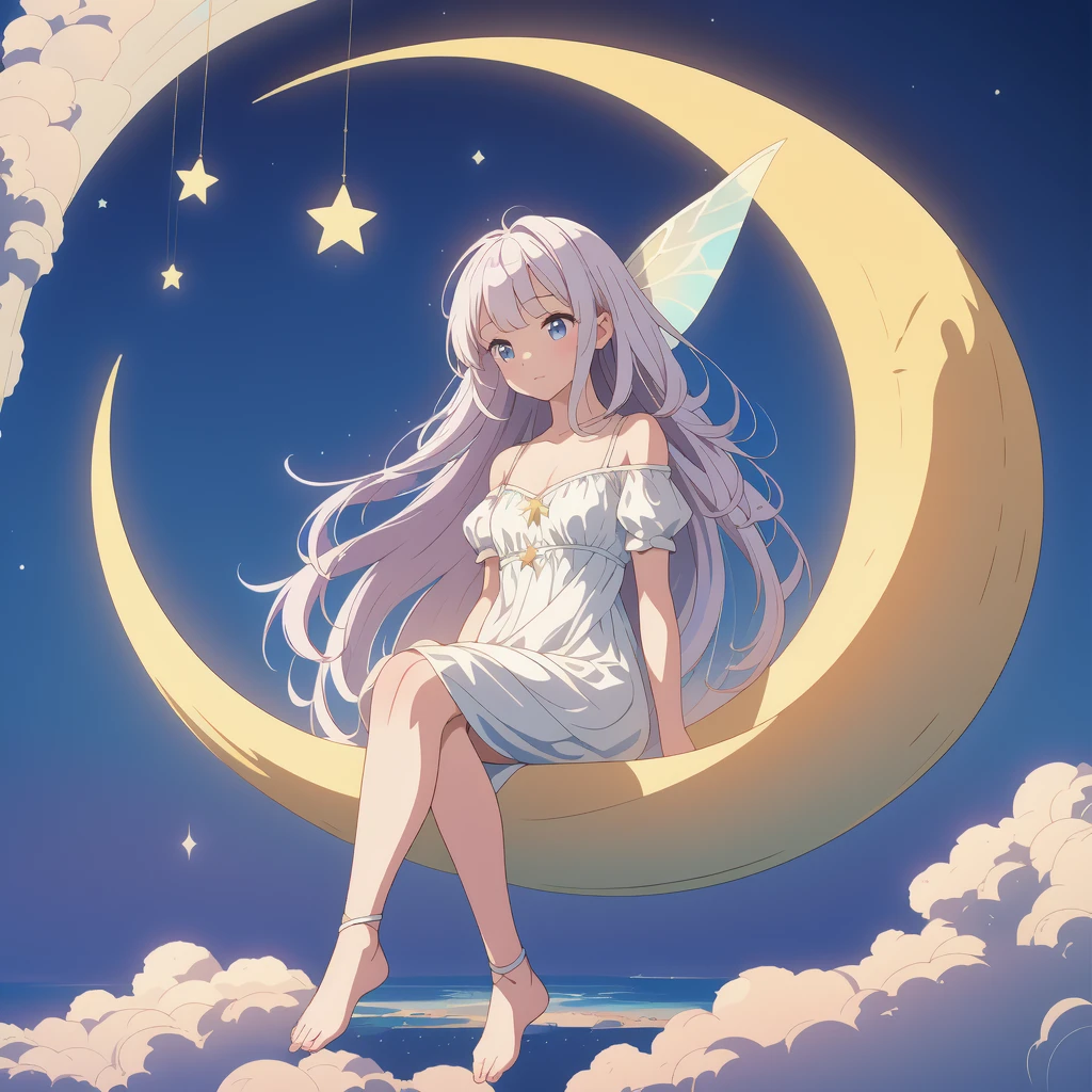 (masterpiece, best quality), 1girl, sitting on the crescent moon、Star Fairy、