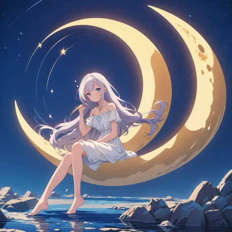 (masterpiece, best quality), 1girl, sitting on the crescent moon、Star Fairy、