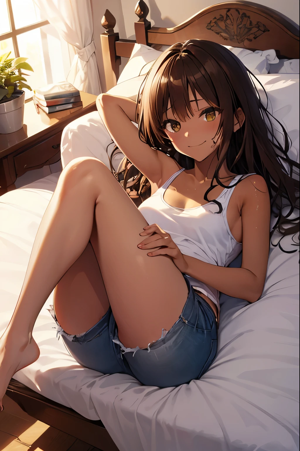 Anime girl laying on bed with her legs crossed - SeaArt AI