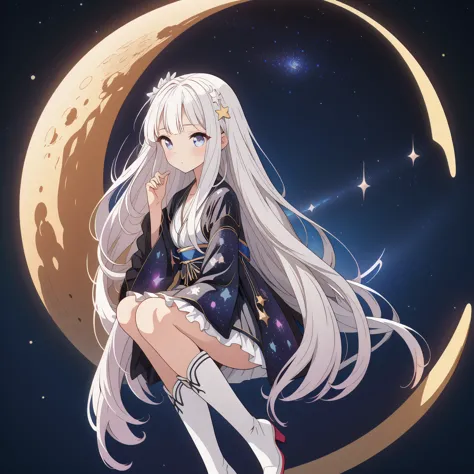 Star Fairy、(masterpiece, best quality), 1girl, sitting on the crescent moon、「A beautifully printed galaxy patterned kimono and g...