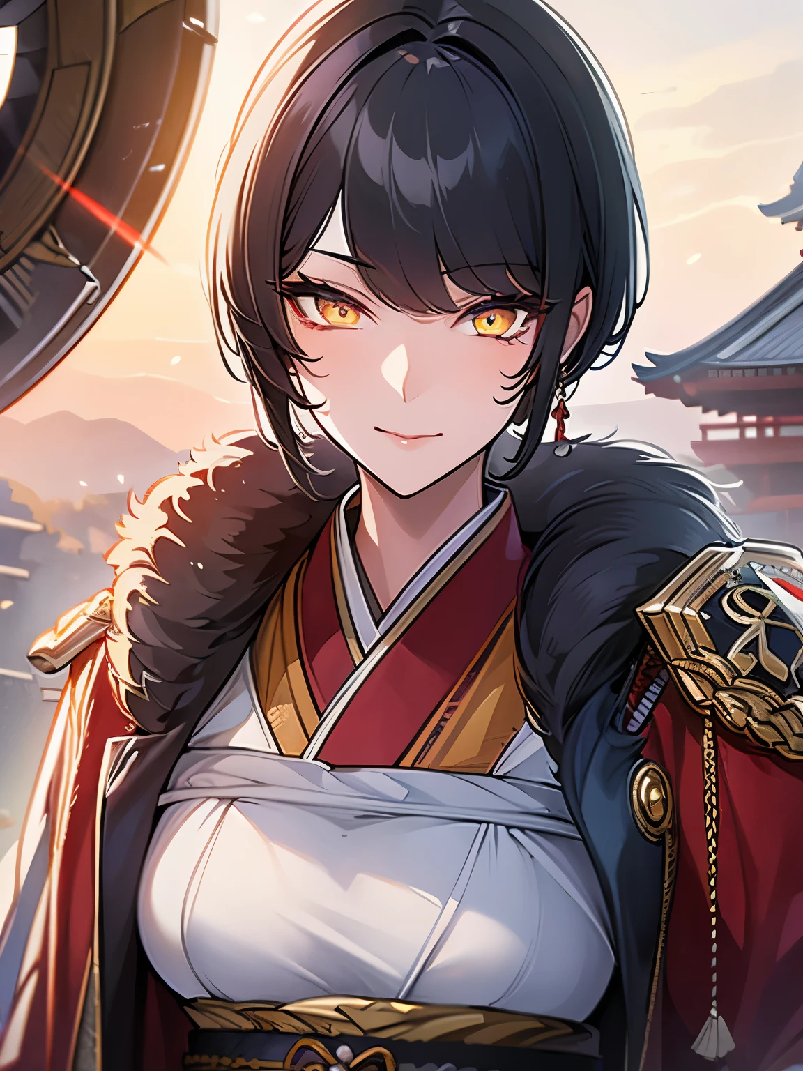 (Best quality details:1.22), 4K High definition, Ultra Detailed, high quality texture, intricate details, detailed texture, finely detailed, high detail, high quality shadow, detailed beautiful delicate face, detailed beautiful delicate eyes, depth of field, human, adult, milf, mommy, solo, short himecut, traditional japanese clothes, bloodred samurai armor, yellow eyes, black hair,