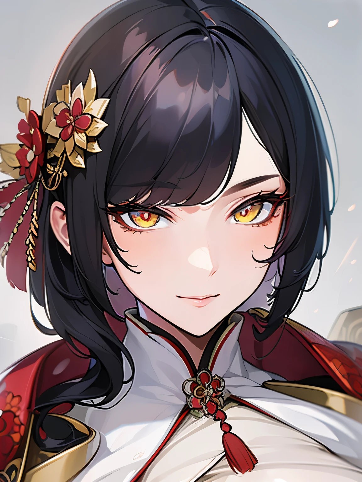 (Best quality details:1.22), 4K High definition, Ultra Detailed, high quality texture, intricate details, detailed texture, finely detailed, high detail, high quality shadow, detailed beautiful delicate face, detailed beautiful delicate eyes, depth of field, human, adult, milf, mommy, solo, short himecut, traditional japanese clothes, bloodred samurai armor, yellow eyes, black hair,