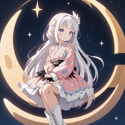 Star Fairy、(masterpiece, best quality), 1girl, sitting on the crescent moon、「A beautifully printed galaxy patterned kimono and g...