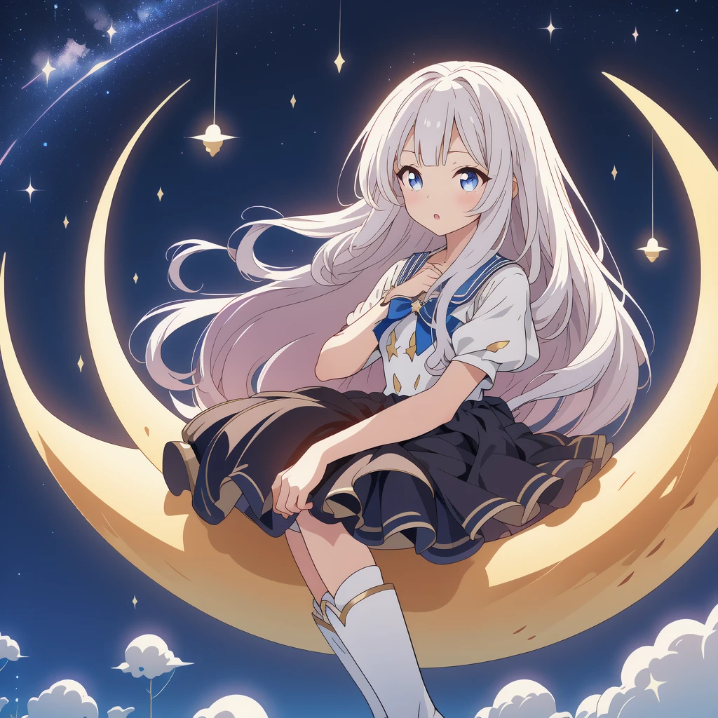 Star Fairy、(masterpiece, best quality), 1girl, sitting on the crescent moon、「美しくプリントされたMilky Wayのような柄の着物とゴシックロリータの洋服を合わせもった衣類、universe柄のボックスプリーツミニスカートにフリル、Front view portrait、Knee-high boots、enchanting eyes、Perfect and stunning face、exquisite details、clear image、highest quality。」Milky white long straight hair、universe、Milky Way、Meteors、