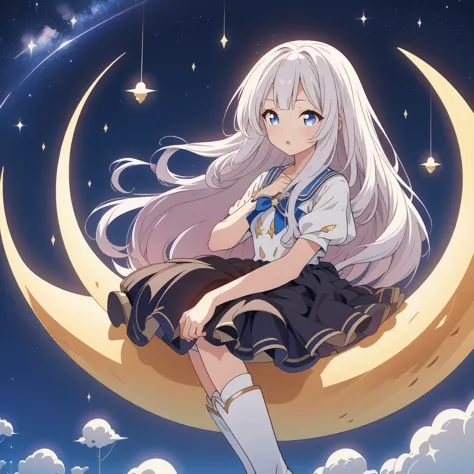 star fairy、(masterpiece, best quality), 1girl, sitting on the crescent moon、「美しくプリントされたmilky wayのような柄の着物とゴシックロリータの洋服を合わせもった衣類、un...