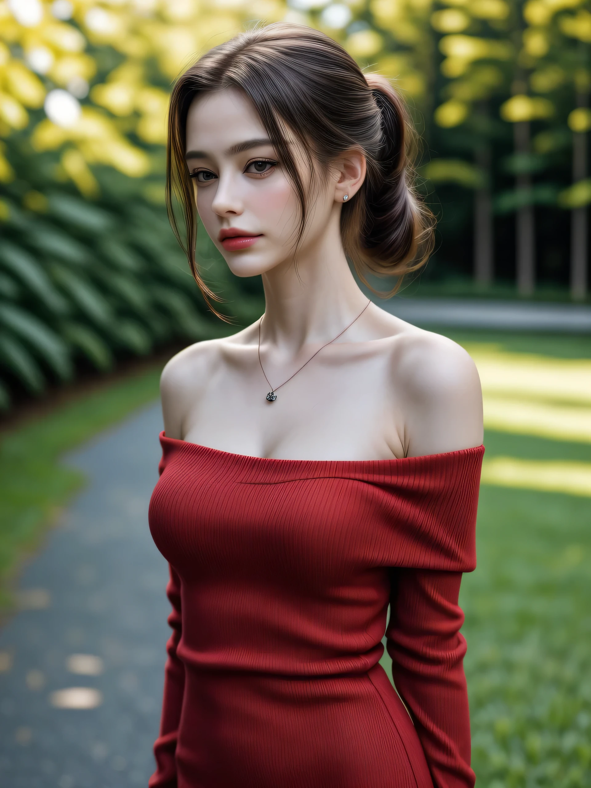 (Masterpiece, best quality, highres:1.3), from side, close-up portrait, solo, beautiful girl, slender feminine appearance, flat abdomen, flawless skin, cleavages, ponytail hair, detailed hair strands, delicate stunning face, attractive look, ((wearing red off-shoulder sweater dress, pendant)), outdoor, orange maple tree tunnel, standing posture, turn face upward, smirking, ((realism, super realistic, realistic detail))
