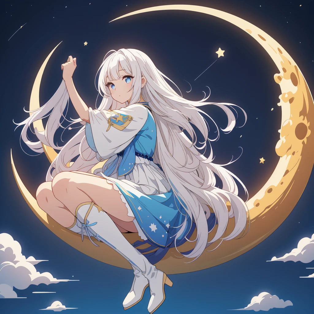 sitting on the crescent moon、Star Fairy、(masterpiece, best quality), 1girl, sitting on the crescent moon、「美しくプリントされたMilky Wayのような柄の着物とゴシックロリータの洋服を合わせもった衣類、universe柄のボックスプリーツミニスカートにフリル、Front view portrait、Knee-high boots、enchanting eyes、Perfect and stunning face、exquisite details、clear image、highest quality。」Milky white long straight hair、universe、Milky Way、Meteors、